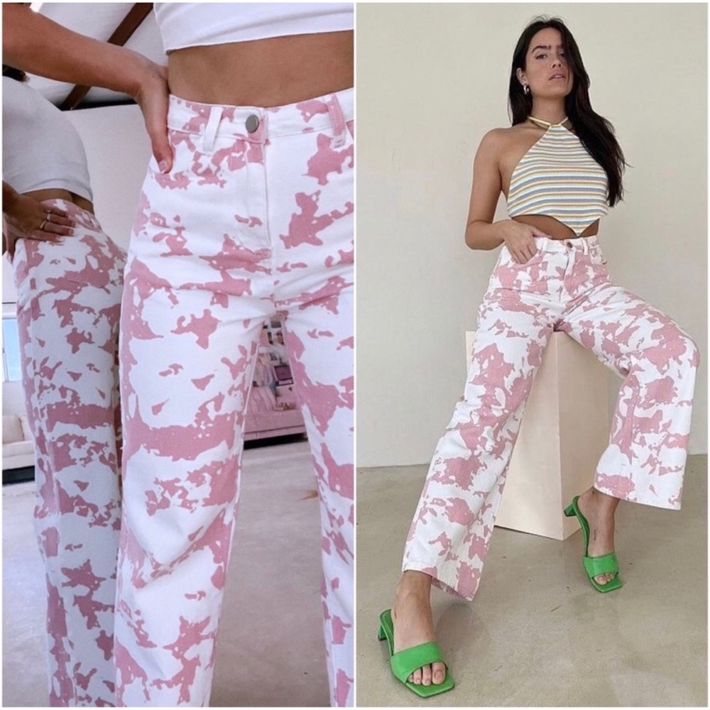 1 LEFT! Pink Ivory Cow Print High Rise Wide Leg 4 Pocket Denim Jeans - Picture 2 of 5